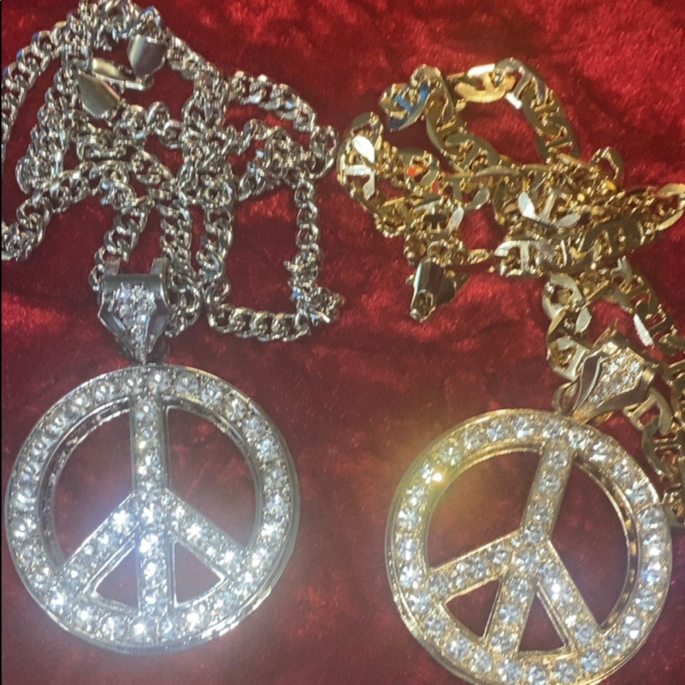SET GP & SP PEACE SIGN PAVE ENCRUSTED NECK CHAIN!!